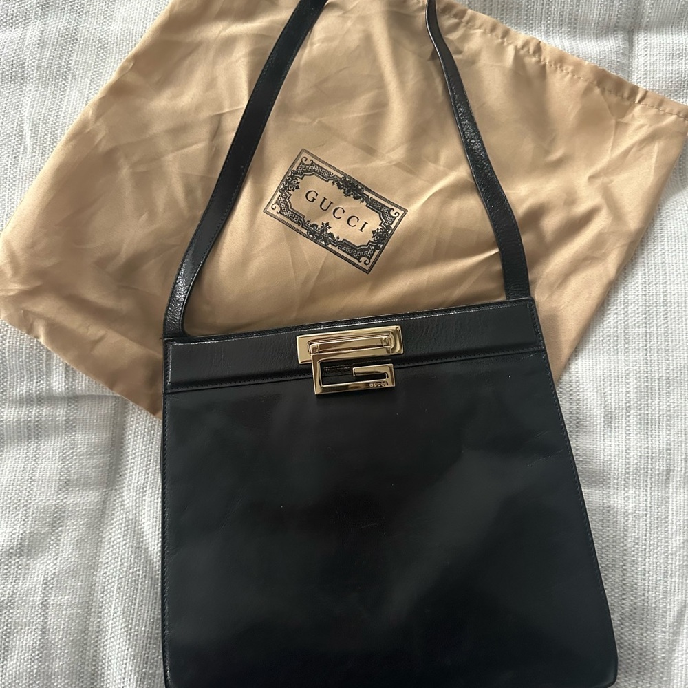 Vintage Gucci Black Leather Bag with Gold Accent